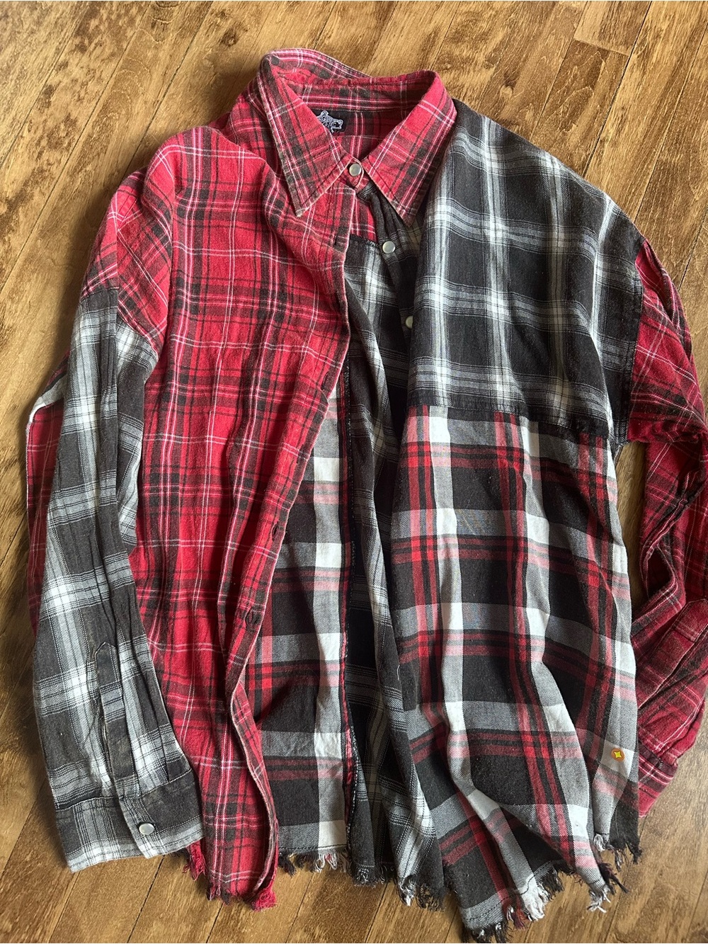 Woman’s  Red and Black Plaid Flannel Shirt - Split Pattern